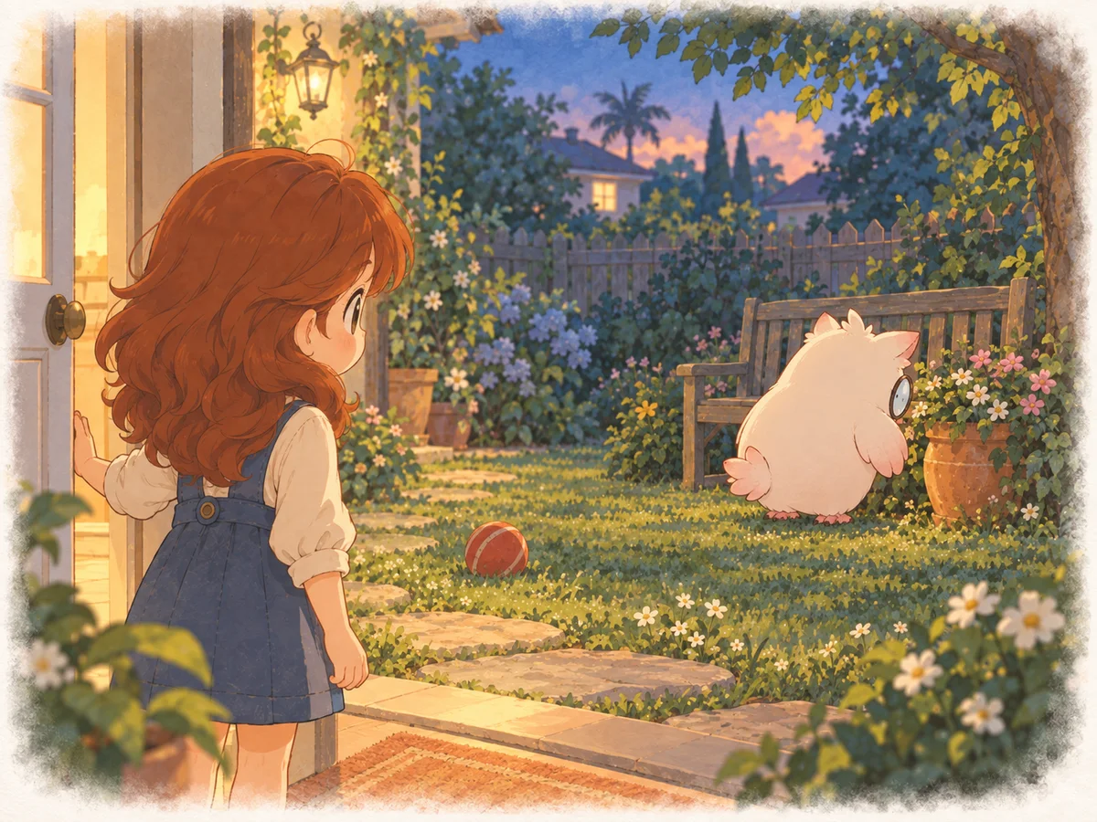 Maya watches from her doorway as Ollie searches beside a backyard garden bench at dusk
